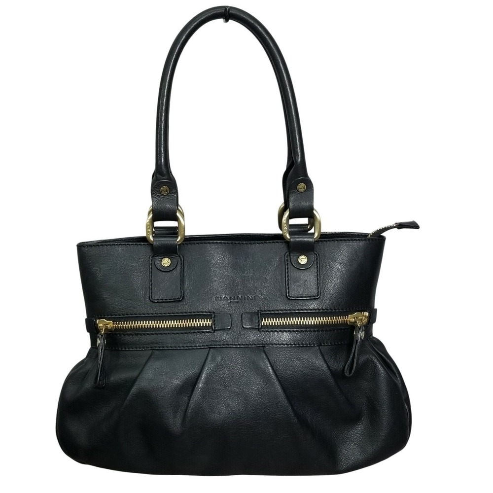 Nannini Black Leather Satchel Handbag Gold Hardware Pleated Front Zip Chic